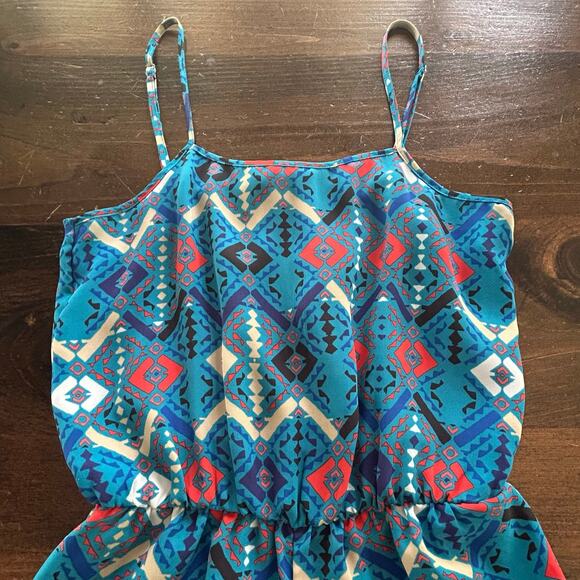 Forever 21 Blue Tribal Design Romper One Piece Summer Shorts Women's Size Small - Picture 3 of 9